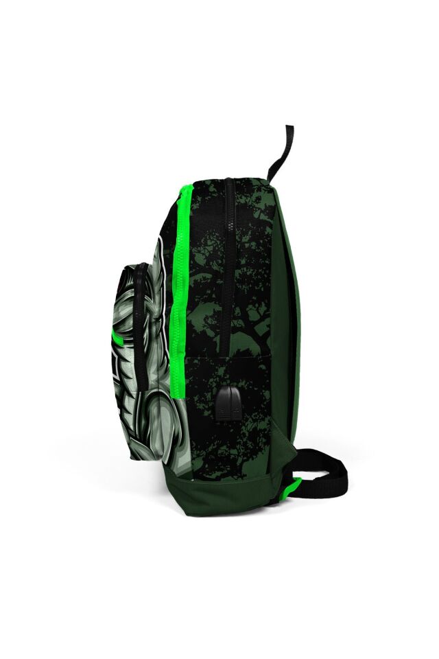 Kids Koyu Yeşil Siyah Dinazor Desenli Dört Bölmeli Usb'li Okul Sırt Çantası 23825