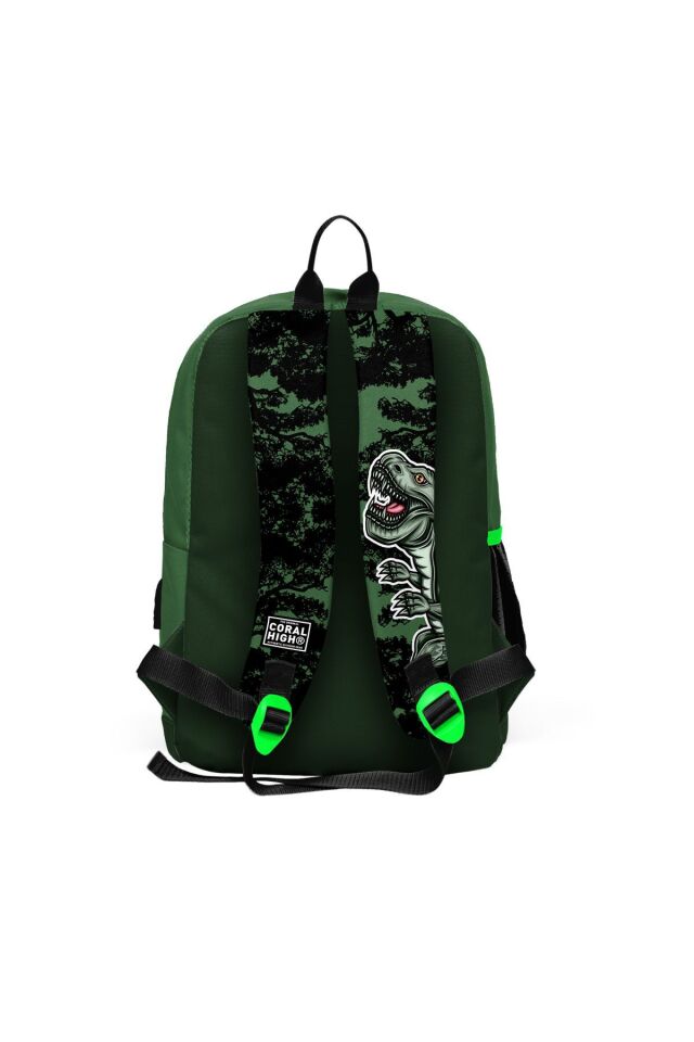 Kids Koyu Yeşil Siyah Dinazor Desenli Dört Bölmeli Usb'li Okul Sırt Çantası 23825