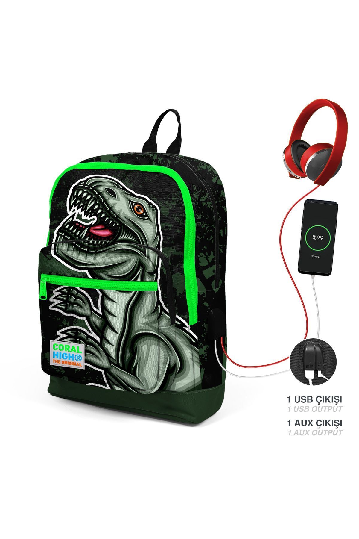 Kids Koyu Yeşil Siyah Dinazor Desenli Dört Bölmeli Usb'li Okul Sırt Çantası 23825