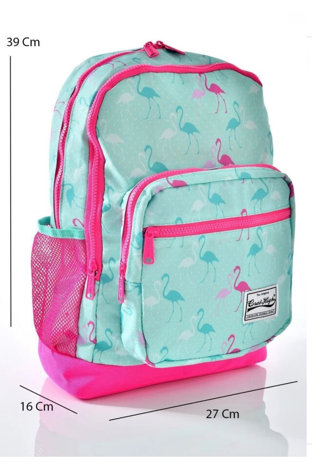 Coral High Kids Pembesu Yeşili Flamingo Desenli 3'Lü Çanta Seti