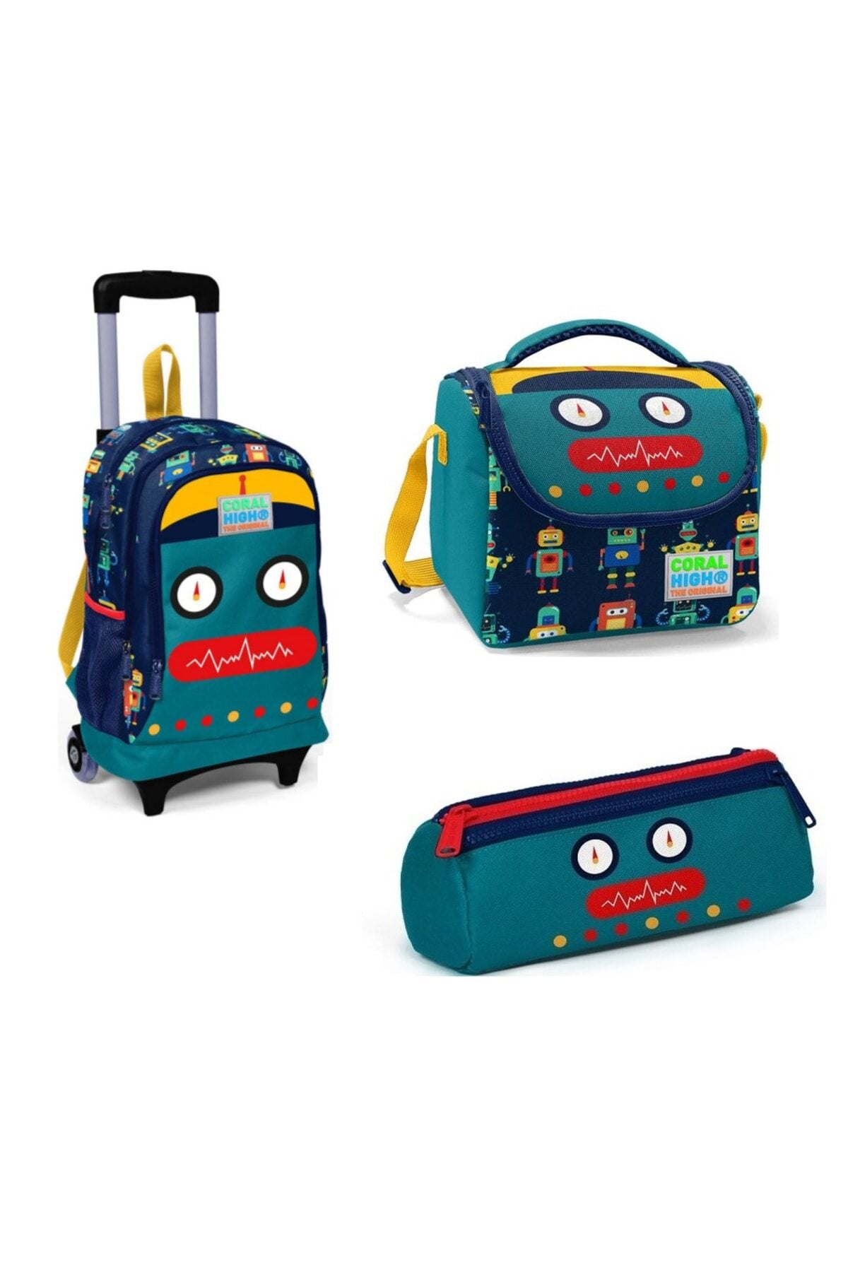Coral High Robot Çekçekli Çanta Coral High Kalem Kutusu Coral High Beslenme Robot Desenli 3'lü Set Robot Desenli