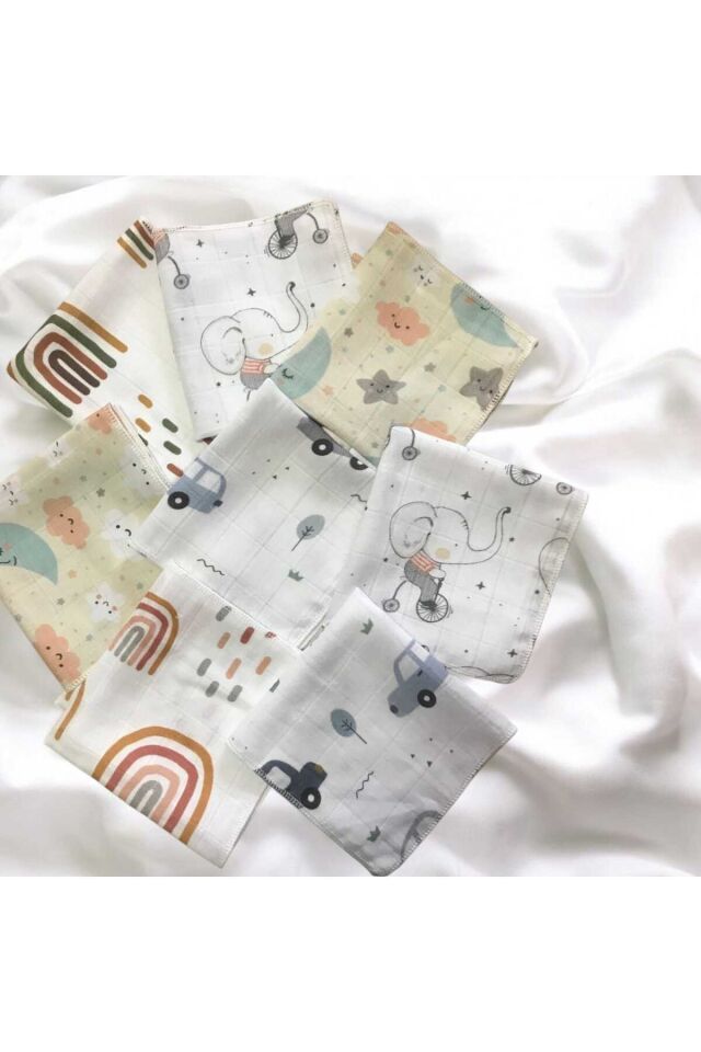 AtaKids %100 Pamuk Oeko-Tex Sertifikalı Desenli 8'li Müslin Bebek Ağız Mendili Beyaz - 25 X 25