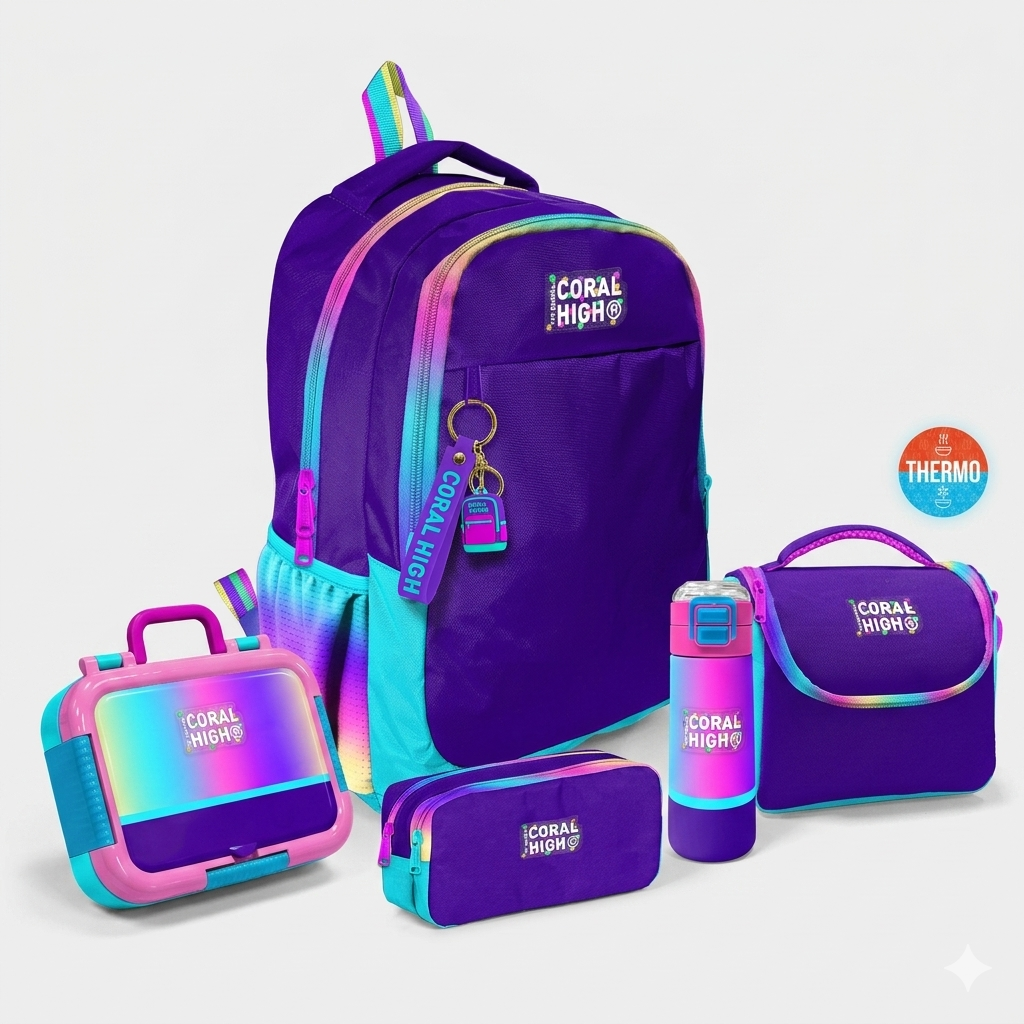 Coral High Kids Rainbow Fermuarlı Mor 5'li Okul Çanta Seti