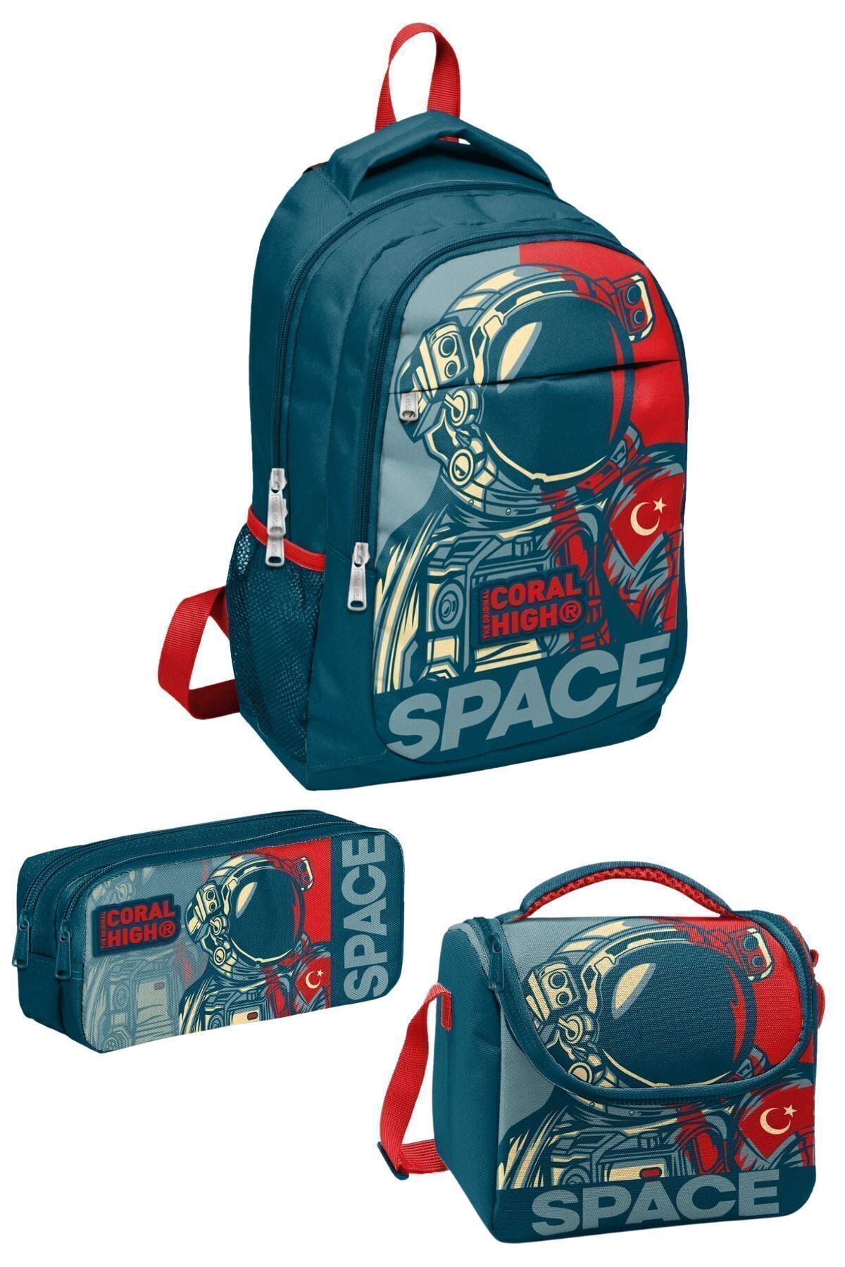 Çivit Kırmızı Astronot Desenli Üç Bölmeli Okul Sırt Çantası Beslenme Çantası Kalem Çantası 3'lü Set Çivit Kırmızı