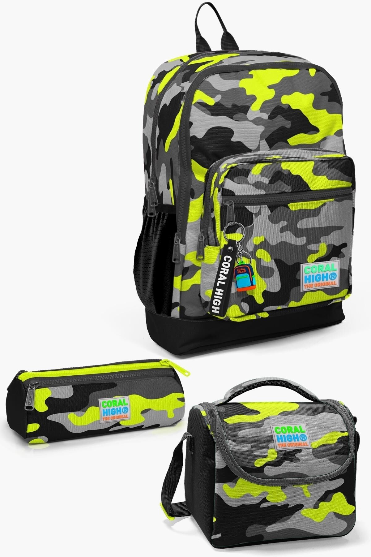 Coral High Kids Siyah Gri Kamuflaj Desenli 3’lü Okul Çanta Seti SET0123117