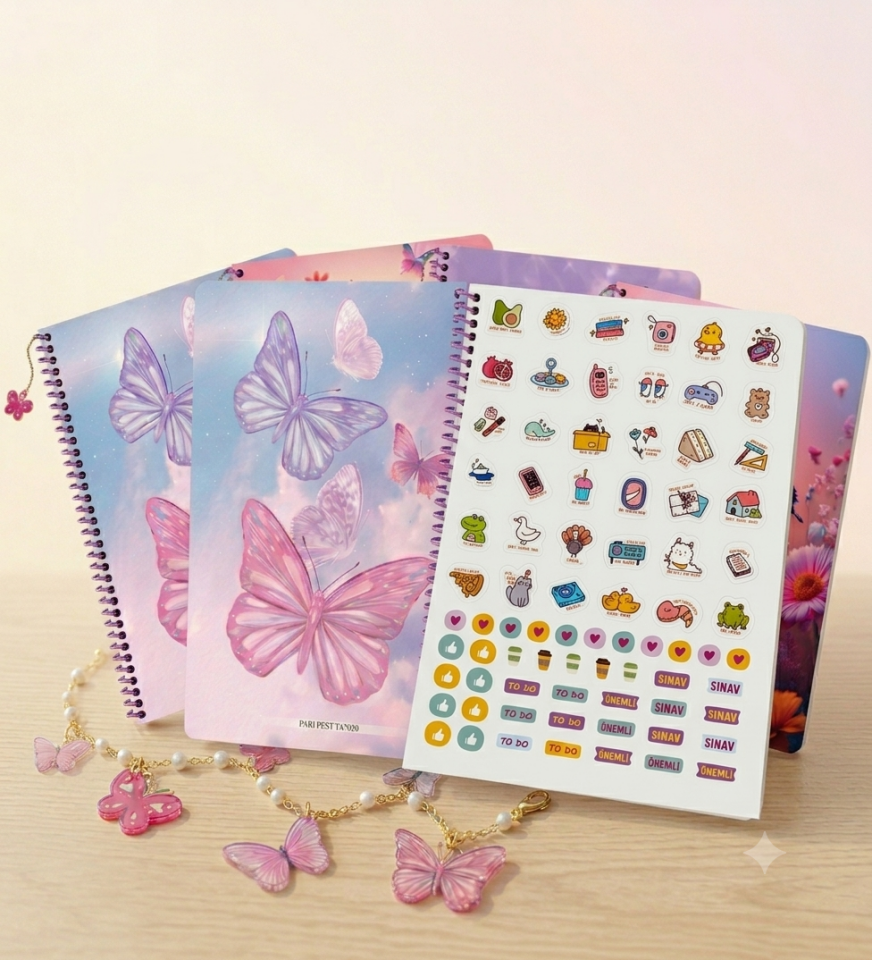 Keskin A5 Çizgili Charmlı Kelebek Defter - Karışık Renkler