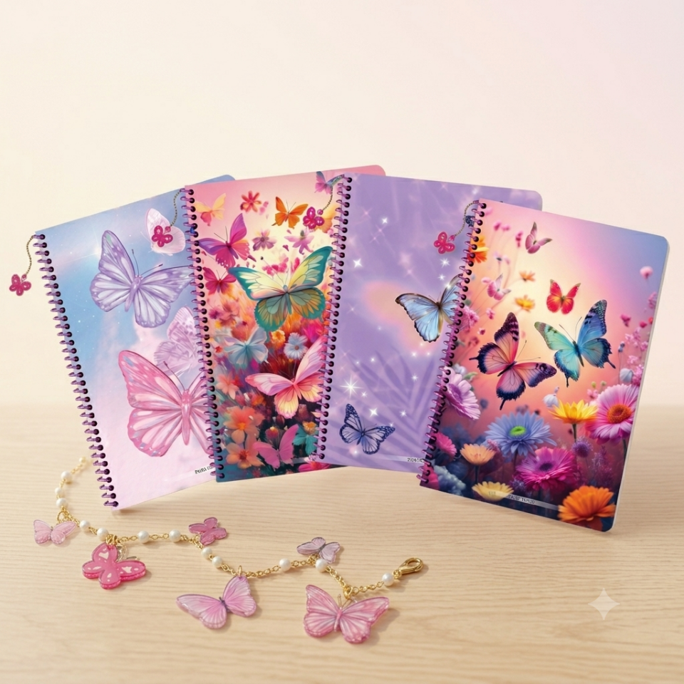 Keskin A5 Çizgili Charmlı Kelebek Defter - Karışık Renkler