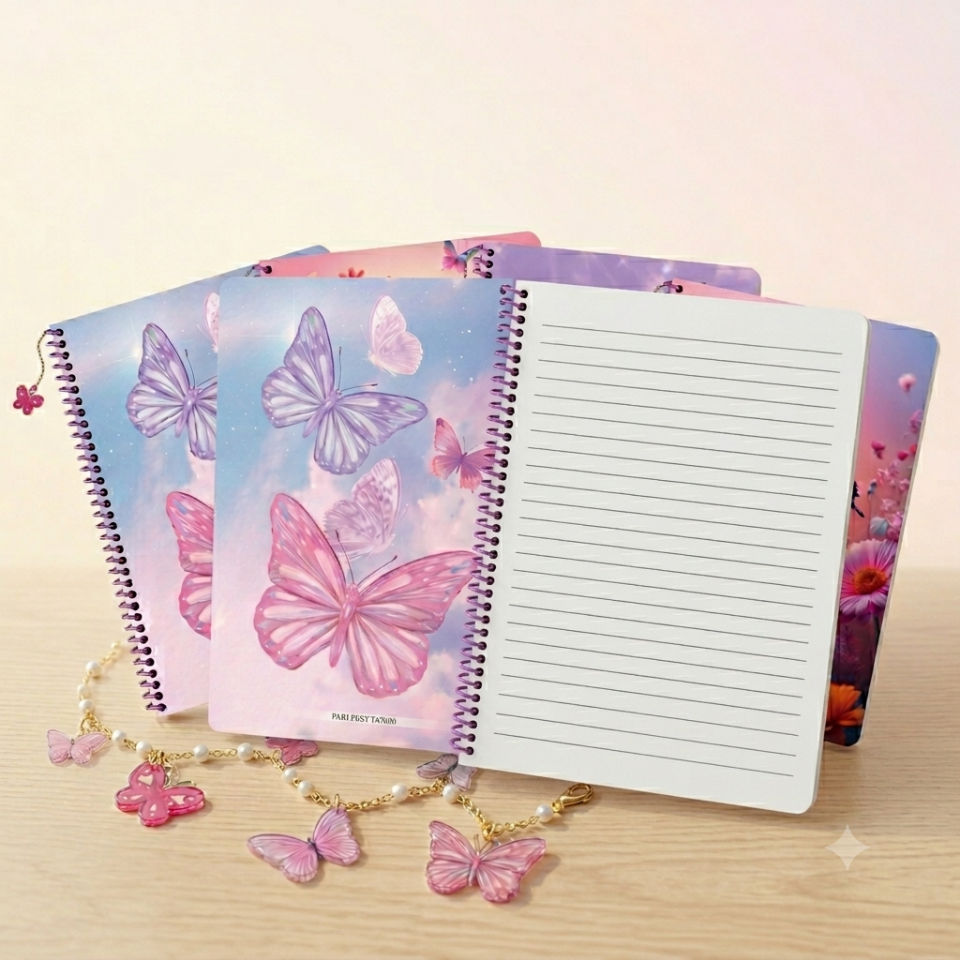 Keskin A5 Çizgili Charmlı Kelebek Defter - Karışık Renkler