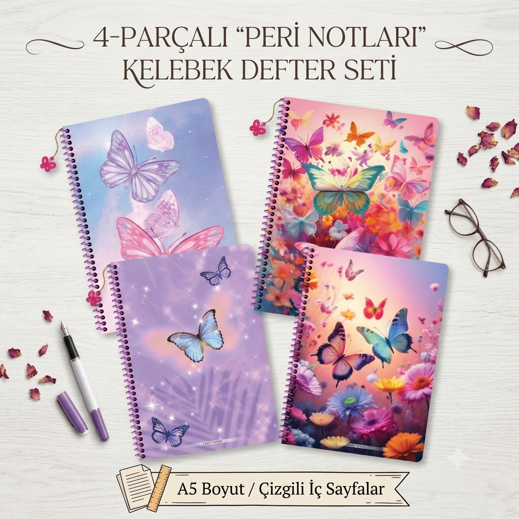 Keskin A5 Çizgili Charmlı Kelebek Defter - Karışık Renkler