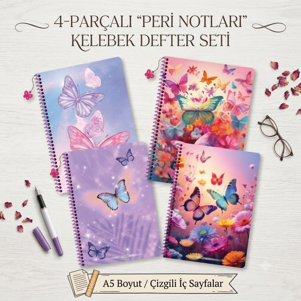 Keskin A5 Çizgili Charmlı Kelebek Defter - Karışık Renkler