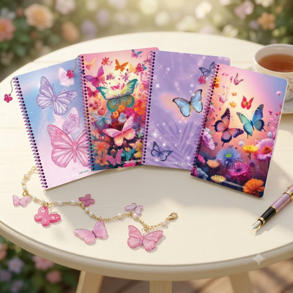 Keskin A5 Çizgili Charmlı Kelebek Defter - Karışık Renkler