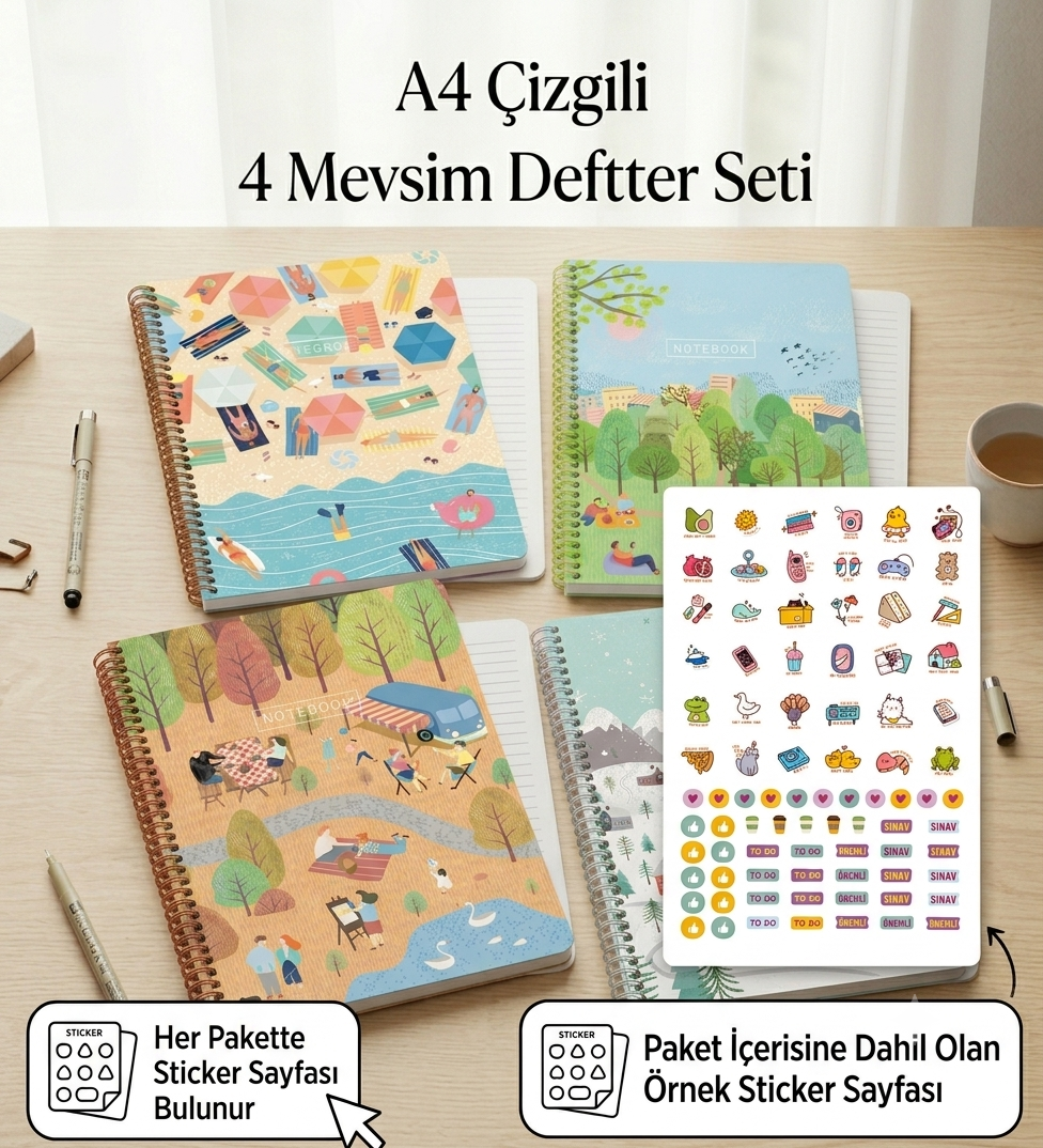Keskin A4 Çizgili Karton Kapak Spiralli Mevsimler 4'lü Defter Seti