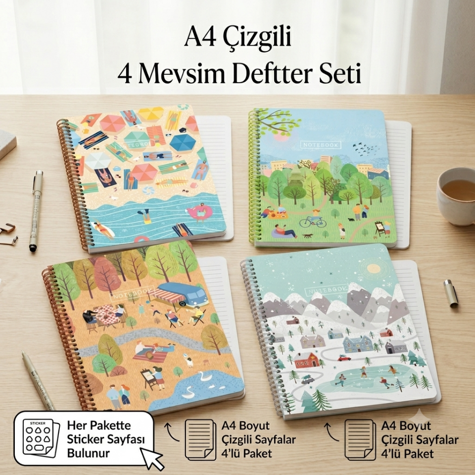 Keskin A4 Çizgili Karton Kapak Spiralli Mevsimler 4'lü Defter Seti