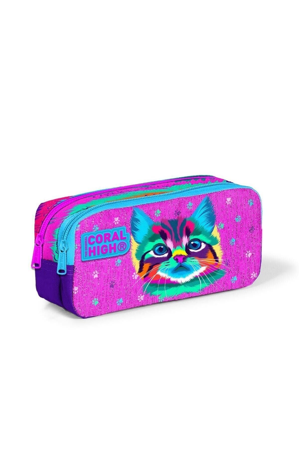 Mor Pembe Kedi Desenli İki Bölmeli Kalem Çantası 12050 No-Color
