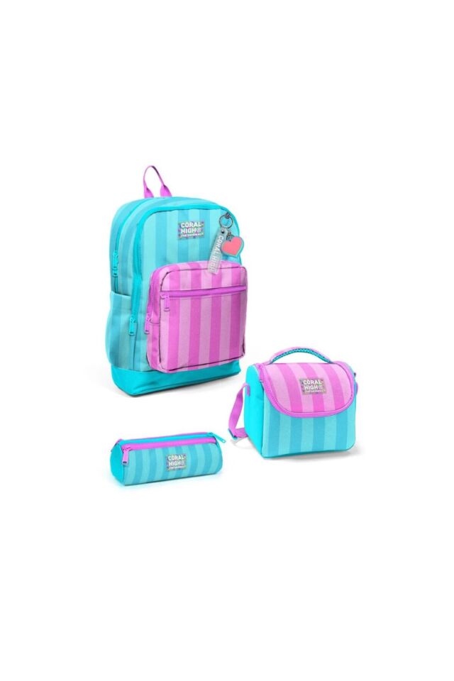 Turkuaz Pembe Çizgili 3 Lü Okul Çanta Seti Set23771 Renkli