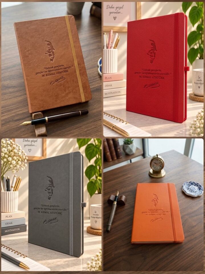 Adalinhome Özel Tasarım Öğretmenler Günü Hediyesi Thermo Deri Kapak Çizgili 4'Lü Ajanda Defter Seti 15x21 cm
