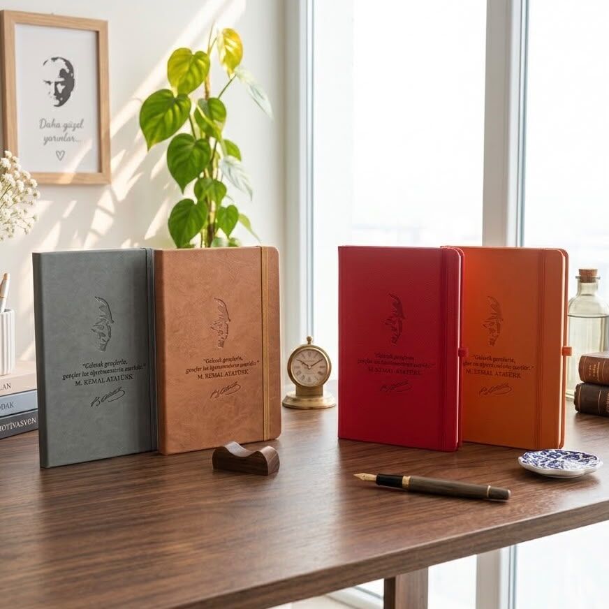 Adalinhome Özel Tasarım Öğretmenler Günü Hediyesi Thermo Deri Kapak Çizgili 4'Lü Ajanda Defter Seti 15x21 cm