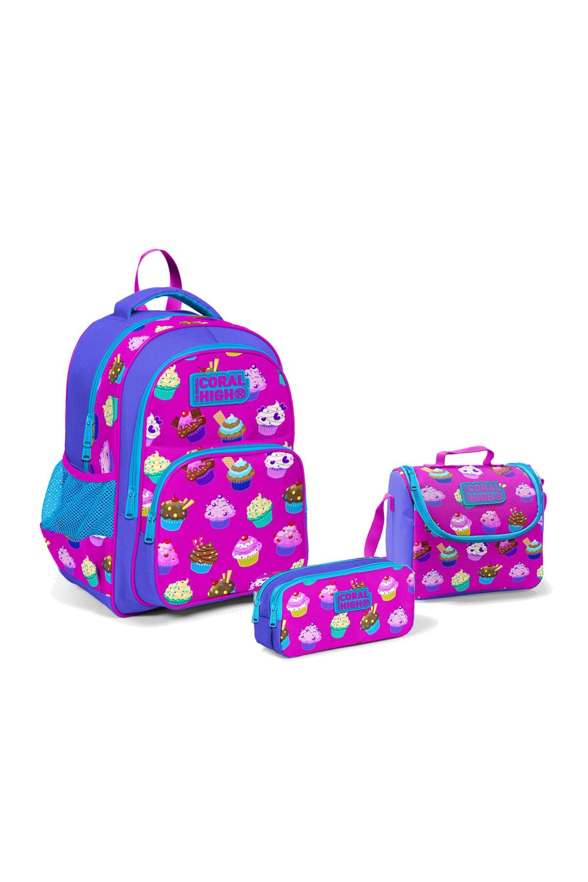 Kids Mavi Pembe Üç Bölmeli Okul Sırt Çantası 3'lü Set 23495set02 Pembe