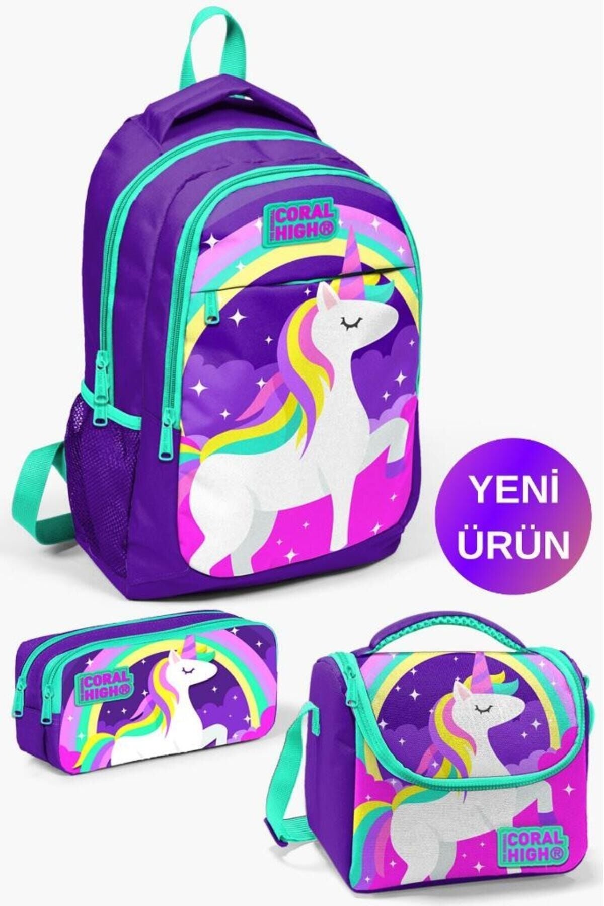 Kids Mor Su Yeşili Unicorn Desenli 3’lü Okul Çanta Seti GOSET0114376 Mor Su Yeşili Unicorn