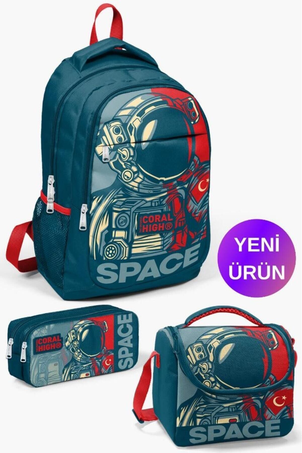 Kids Mor Su Yeşili Unicorn Desenli 3’lü Okul Çanta Seti GOSET0114376 Çivit Kırmızı Astronot