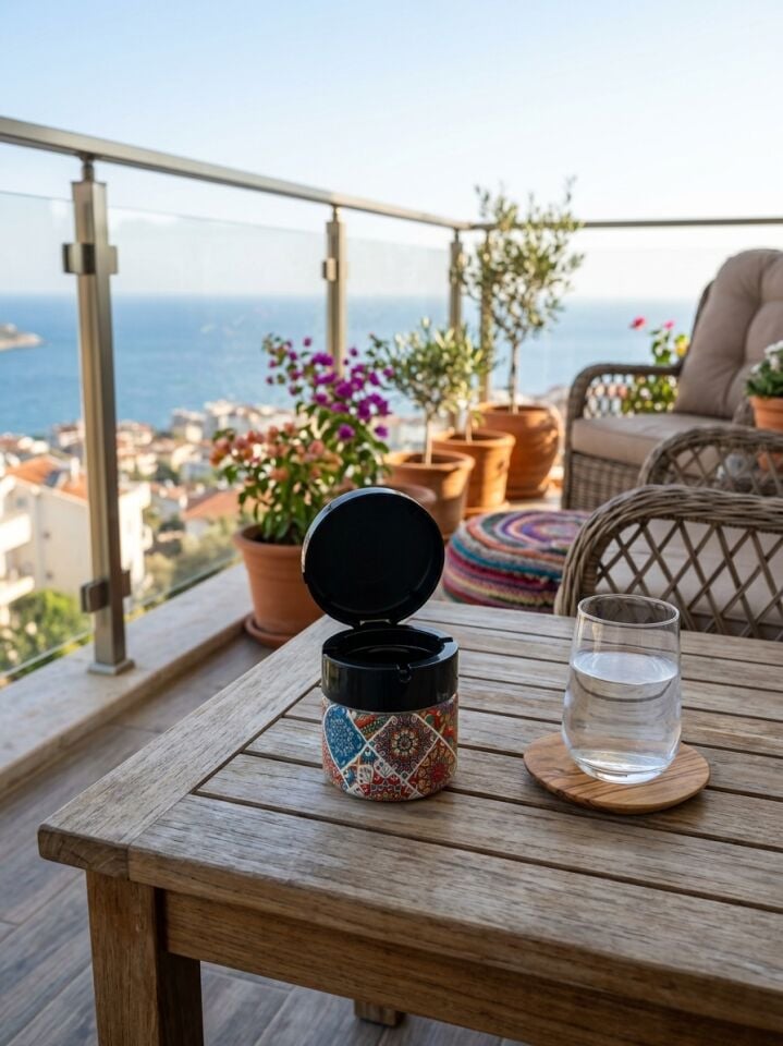 Kapaklı Cam Kavanoz Küllük – Koku Önleyici Balkon, Bahçe, Masa için Rüzgar Korumalı Kapaklı Şık Tasarım 4 Adet