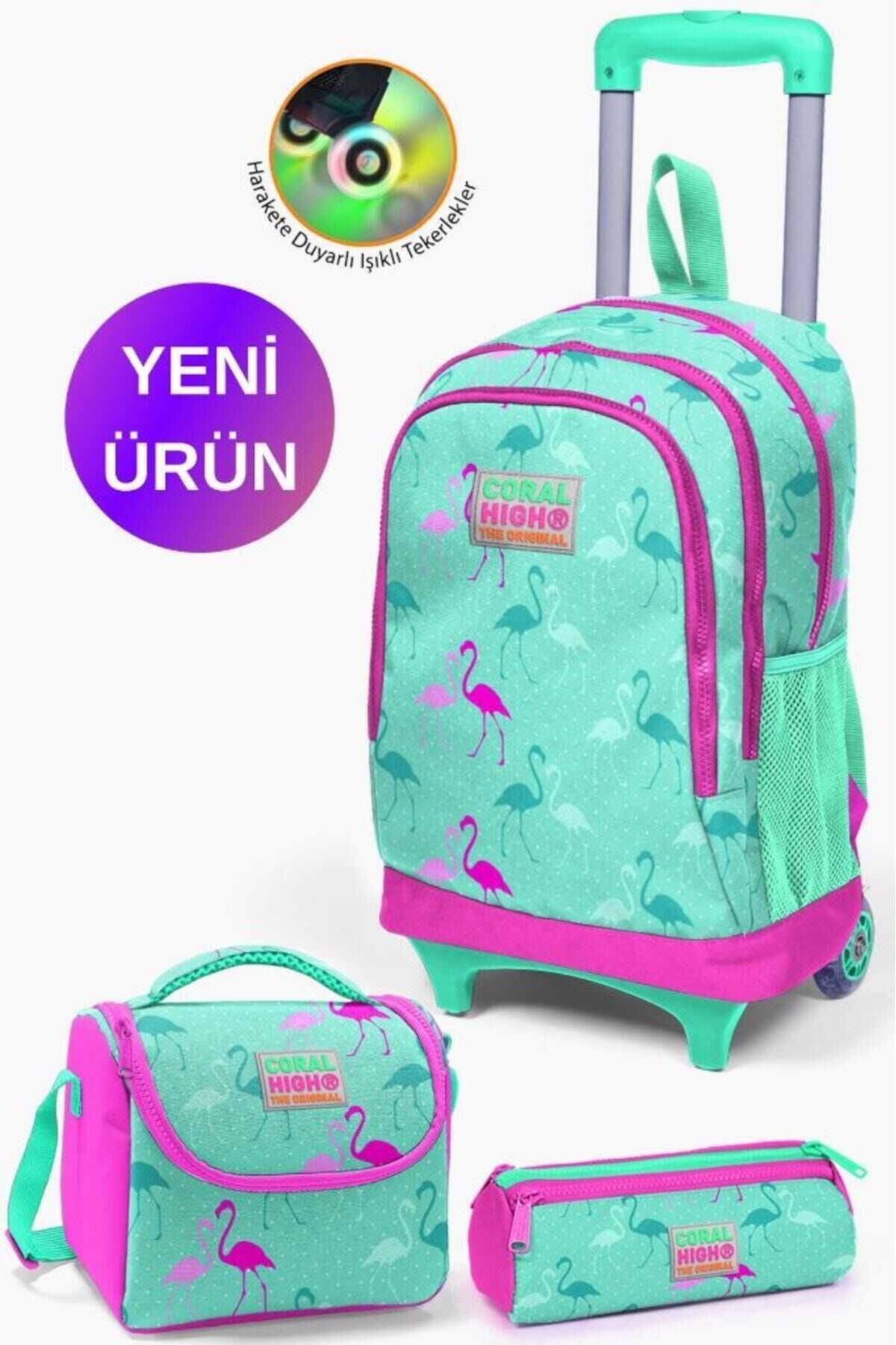 Kids Su Yeşili Neon Pembe Flamingo Desenli Çekçekli 3'lü Çanta Seti GOSET0123131 Su Yeşili Neon Pembe Flamingo