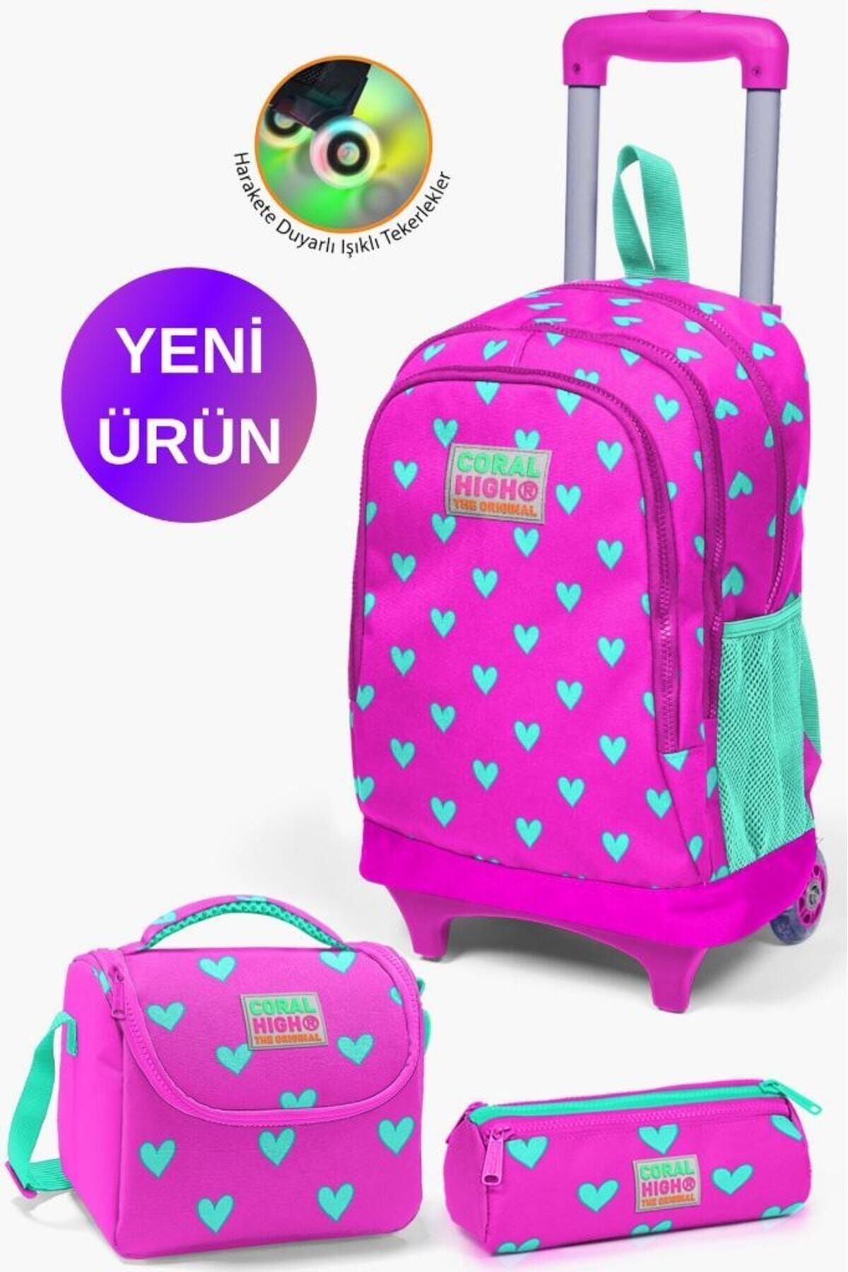 Kids Su Yeşili Neon Pembe Flamingo Desenli Çekçekli 3'lü Çanta Seti GOSET0123131 Neon Pembe Su Yeşili Kalp
