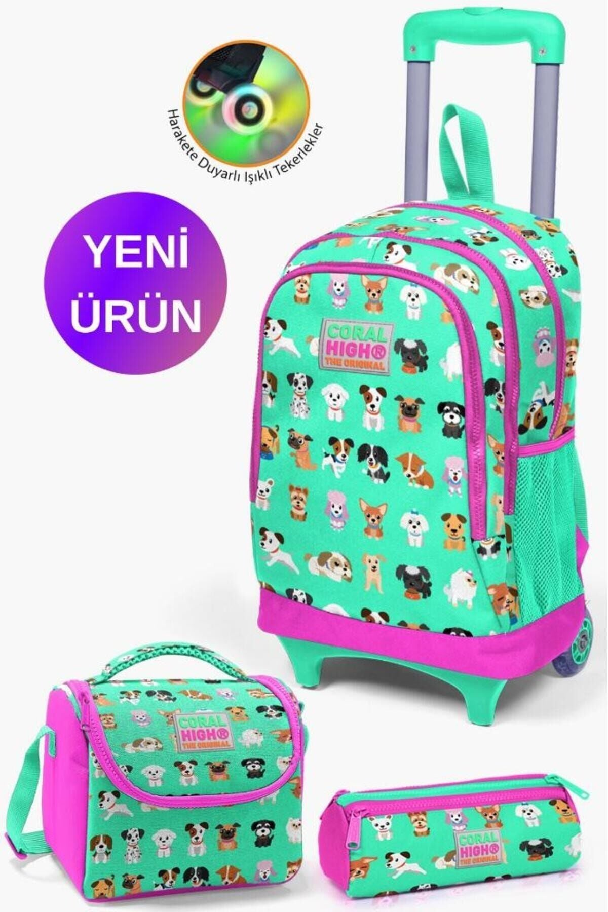 Kids Su Yeşili Neon Pembe Flamingo Desenli Çekçekli 3'lü Çanta Seti GOSET0123131 Su Yeşili Neon Pembe Köpek