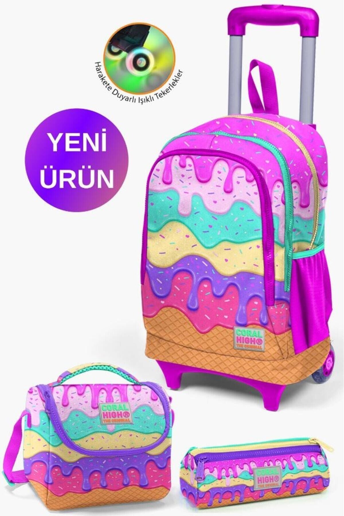 Kids Su Yeşili Neon Pembe Flamingo Desenli Çekçekli 3'lü Çanta Seti GOSET0123131 Pembe Rengarenk Dondurma