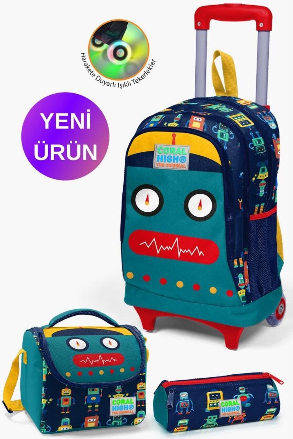 Kids Su Yeşili Neon Pembe Flamingo Desenli Çekçekli 3'lü Çanta Seti GOSET0123131 Lacivert Civit Robot