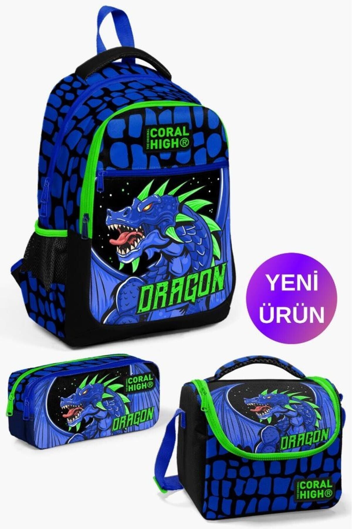 Kids Mor Pembe Unicorn Desenli 3’lü Okul Çanta Seti GOSET0123492 Siyah Saks Ejderha