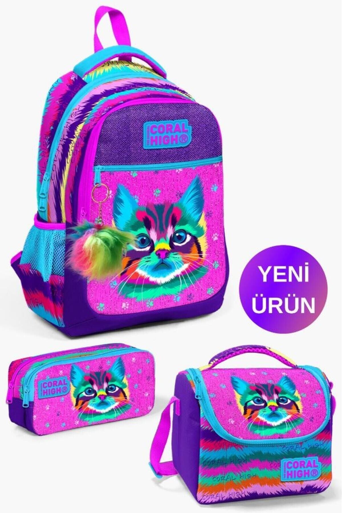 Kids Mor Pembe Unicorn Desenli 3’lü Okul Çanta Seti GOSET0123492 Mor Pembe Kedi