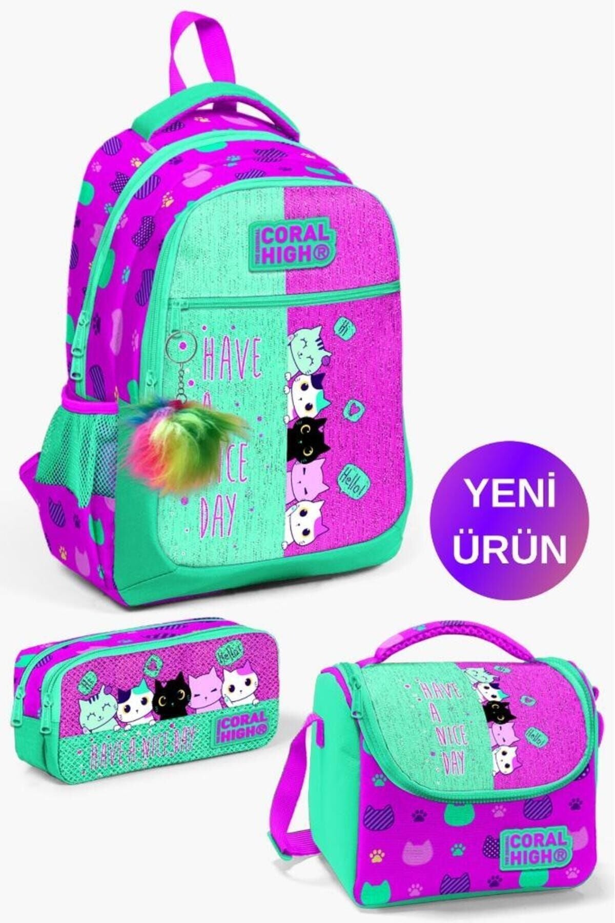 Kids Mor Pembe Unicorn Desenli 3’lü Okul Çanta Seti GOSET0123492 Pembe Su Yeşili Kedi