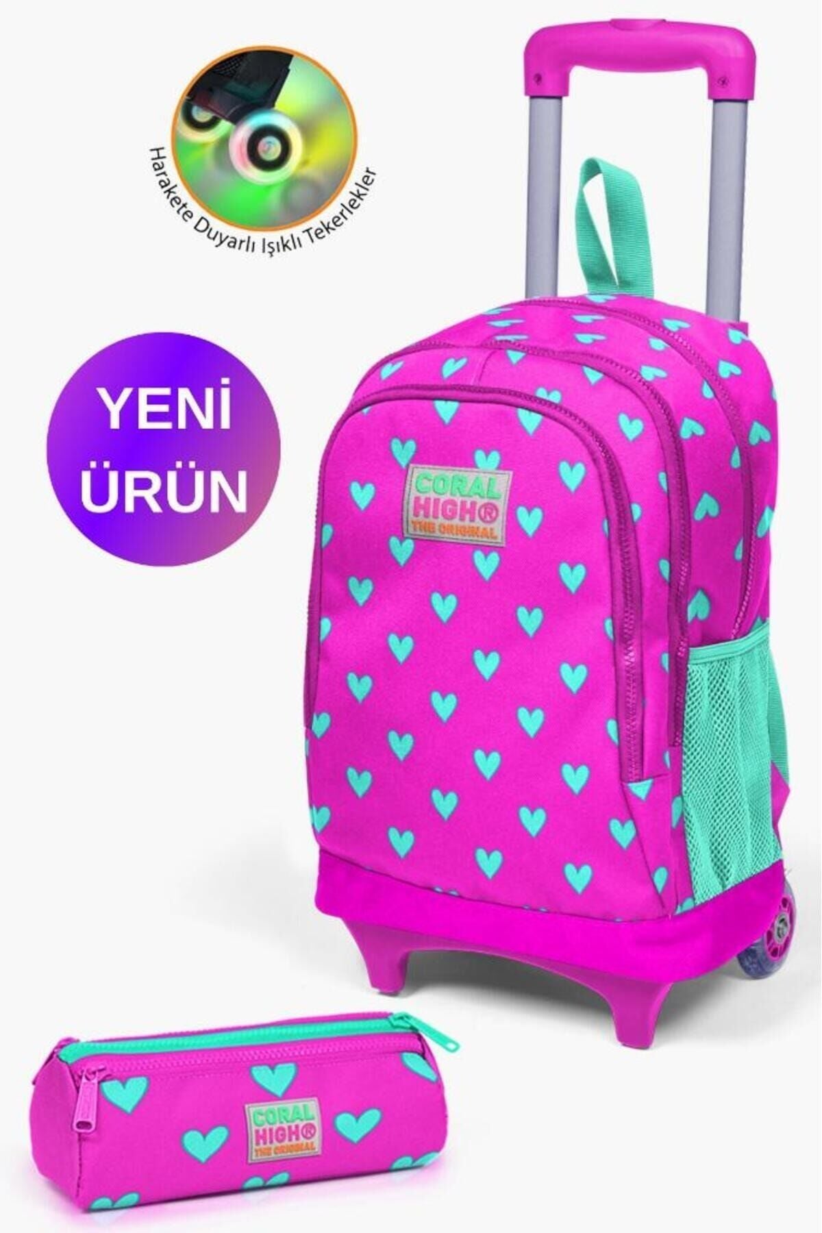Kids Neon Pembe Su Yeşili Kalp Desenli Çekçekli 2'li Çanta Seti GOSET0223133 Neon Pembe Su Yeşili Kalp