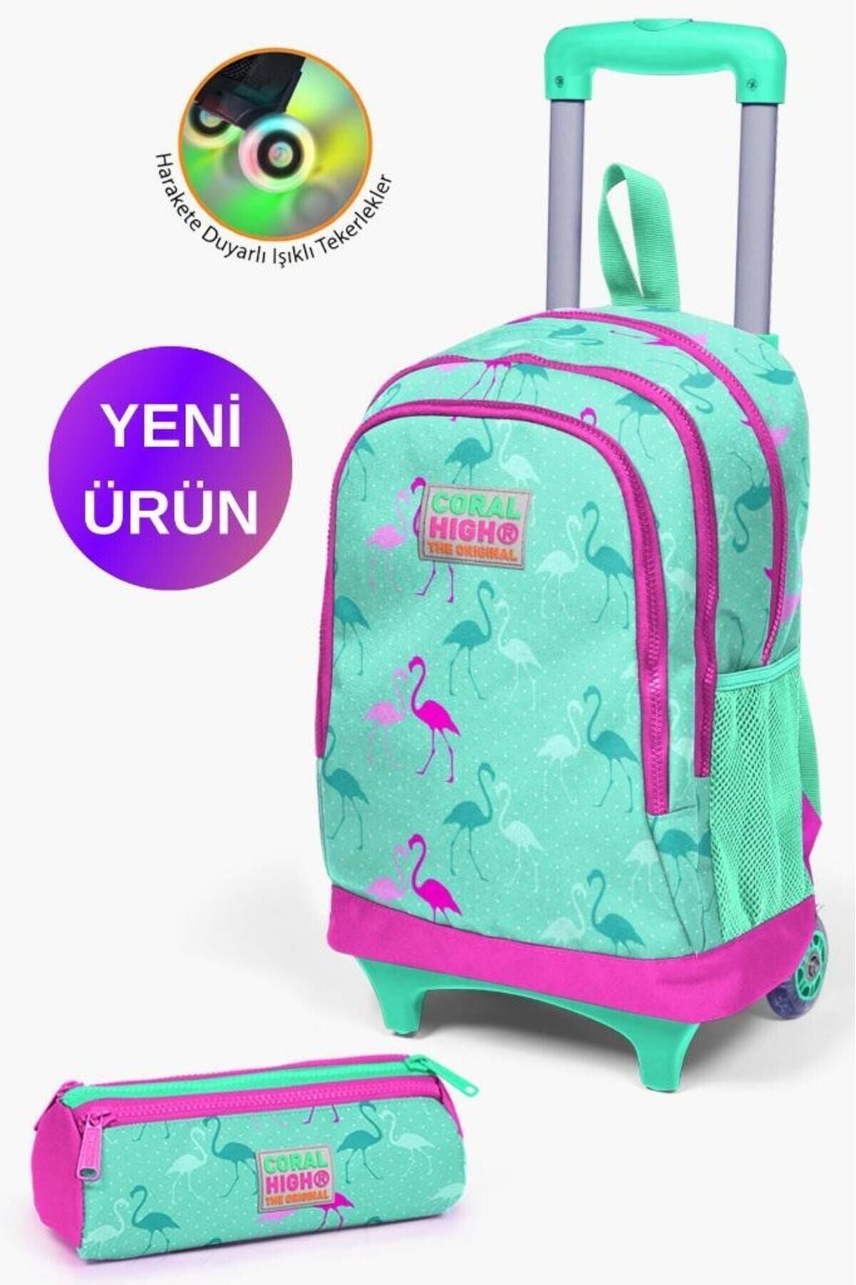 Kids Neon Pembe Su Yeşili Kalp Desenli Çekçekli 2'li Çanta Seti GOSET0223133 Su Yeşili Neon Pembe Flamingo