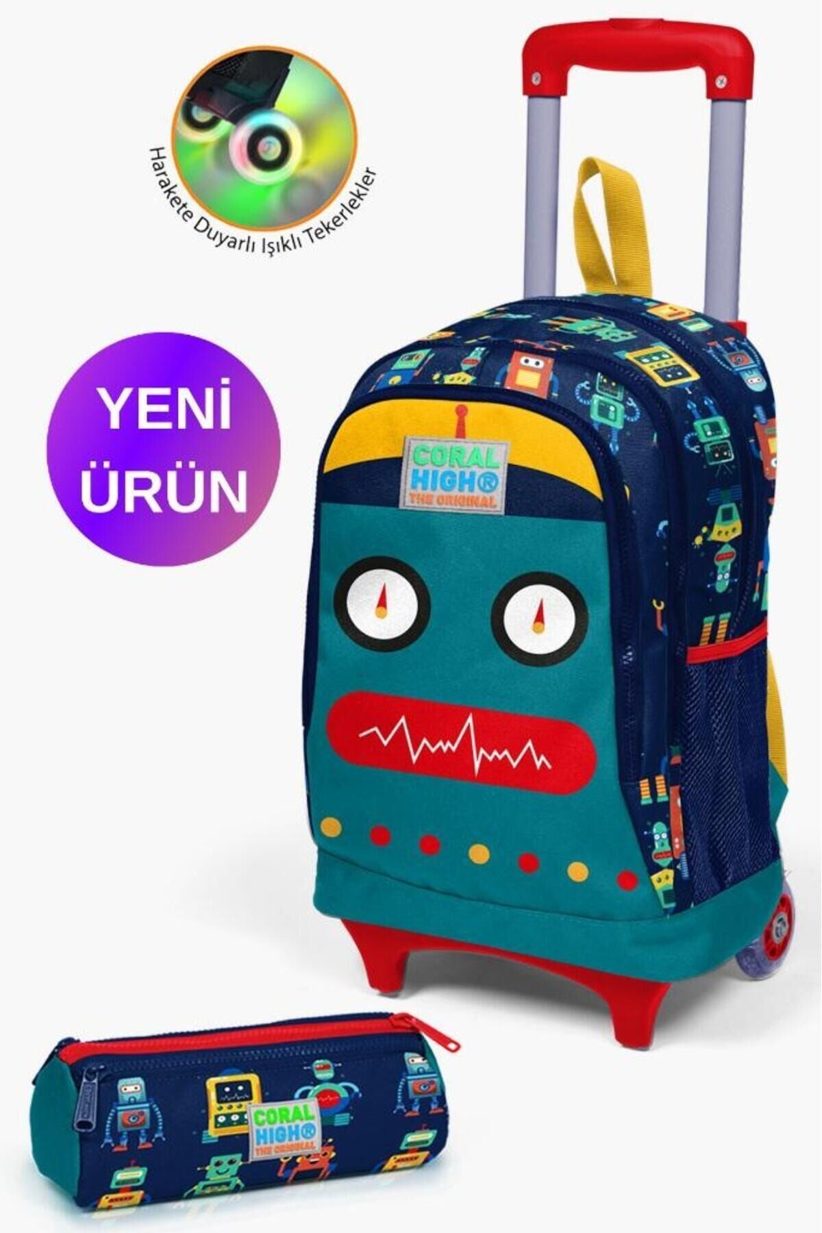 Kids Neon Pembe Su Yeşili Kalp Desenli Çekçekli 2'li Çanta Seti GOSET0223133 Lacivert Civit Robot