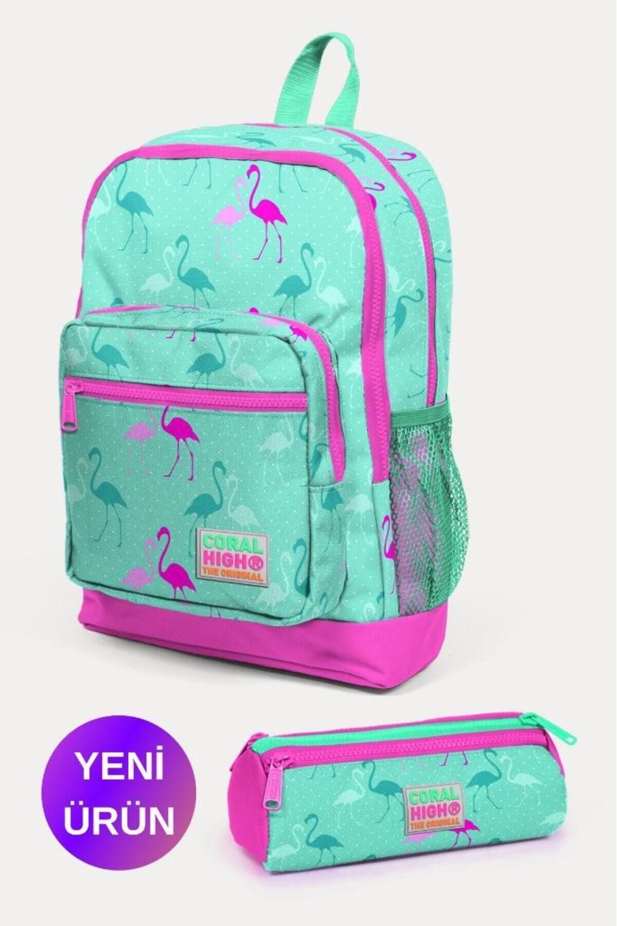 Kids Su Yeşili Neon Pembe Flamingo Desenli 2'li Okul Çanta Seti GOSET0223111 Su Yeşili Neon Pembe Flamingo