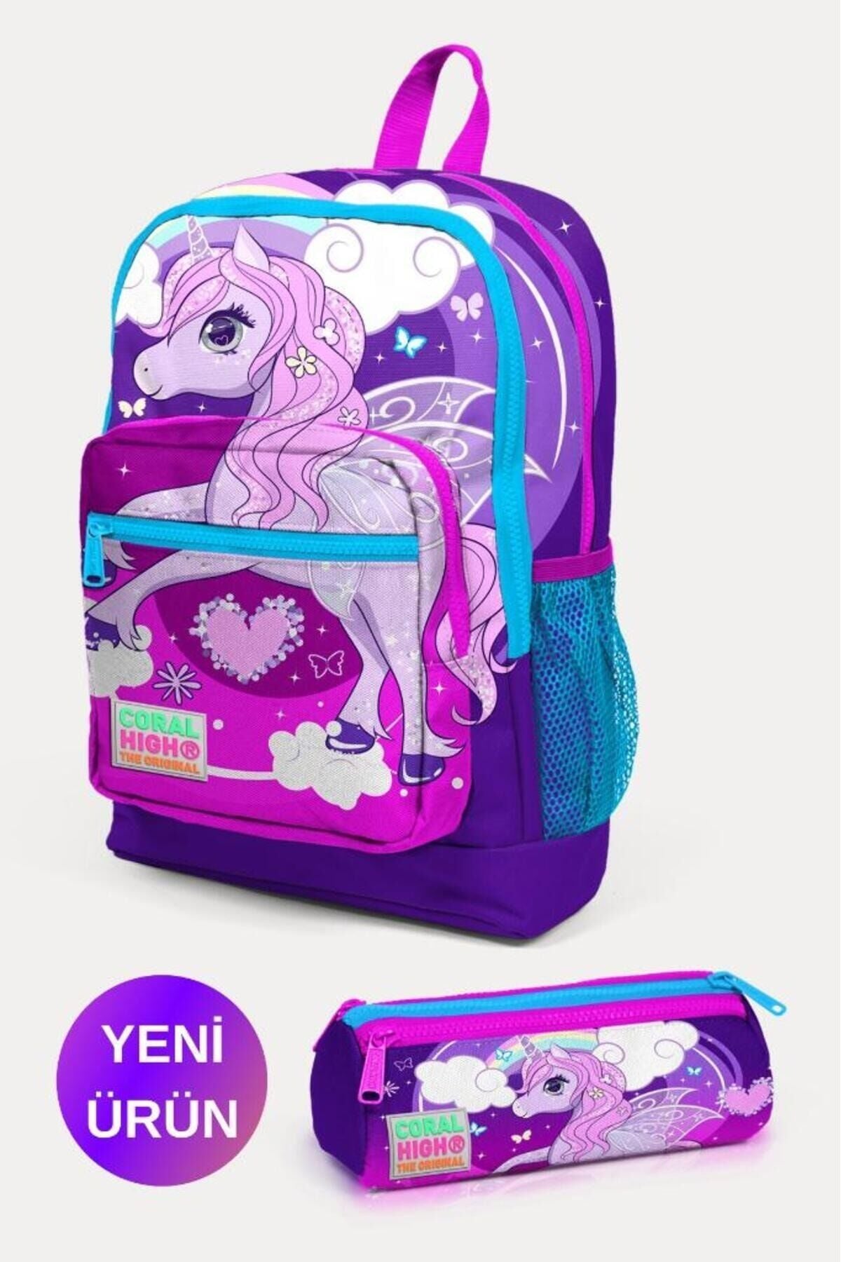 Kids Su Yeşili Neon Pembe Flamingo Desenli 2'li Okul Çanta Seti GOSET0223111 Mor Pembe Unicorn