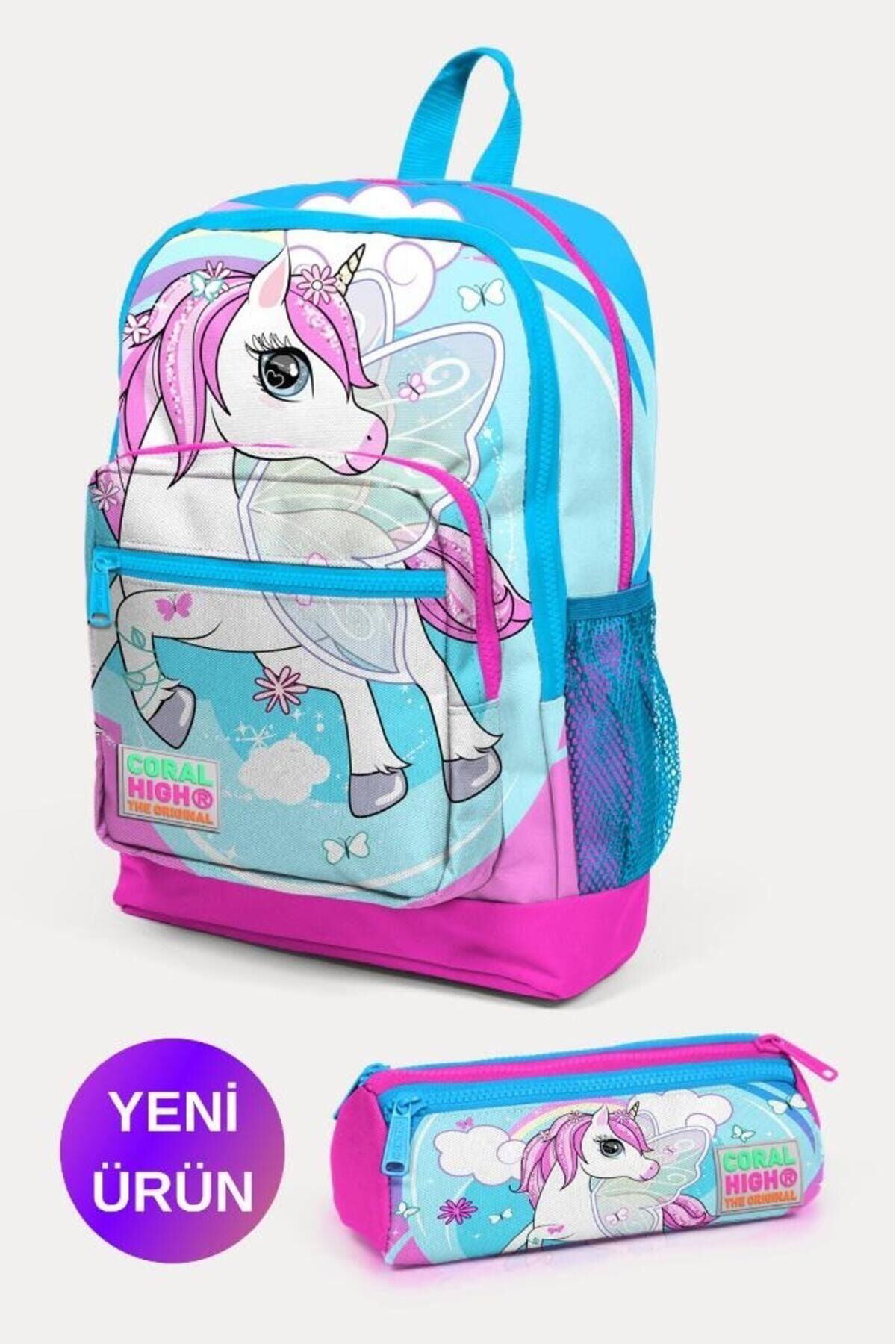 Kids Su Yeşili Neon Pembe Flamingo Desenli 2'li Okul Çanta Seti GOSET0223111 Mavi Neon Pembe Unicorn