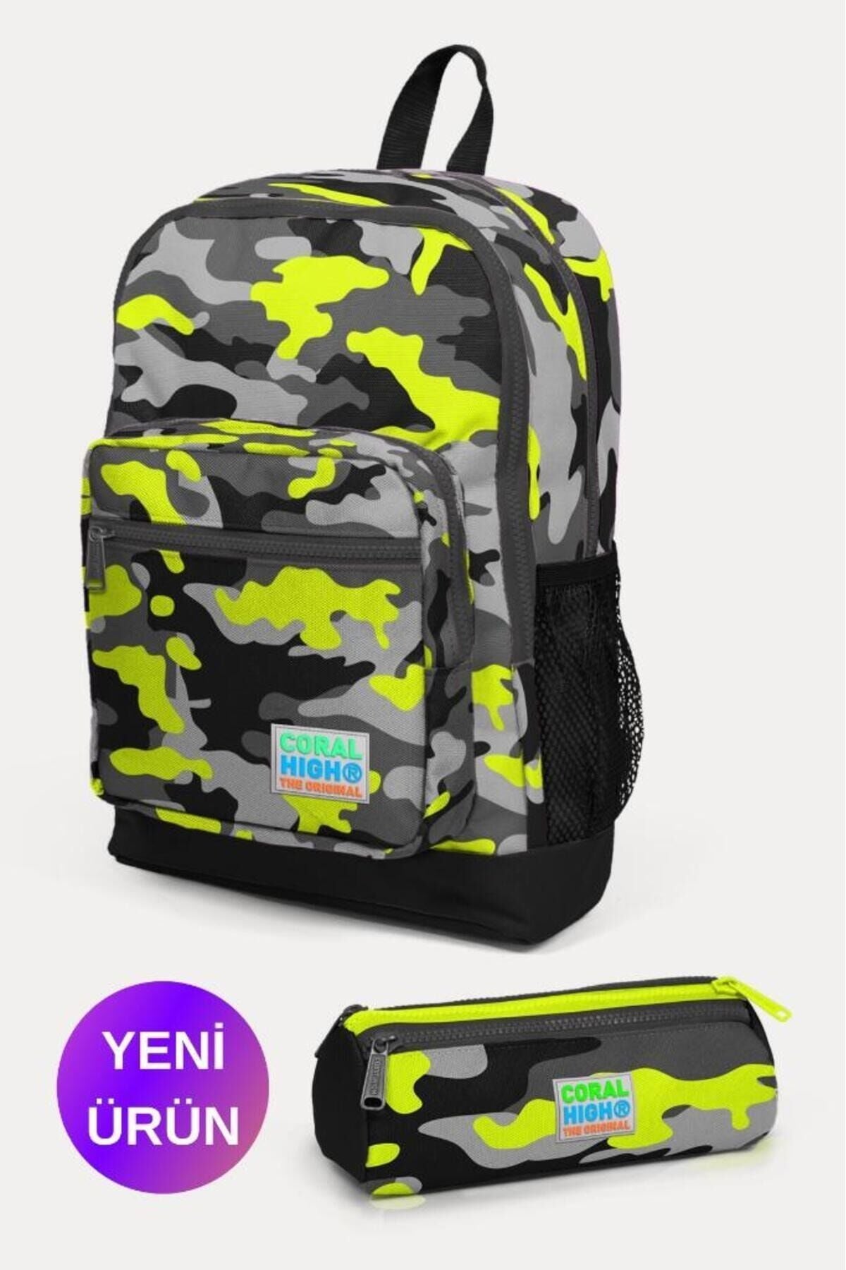 Kids Su Yeşili Neon Pembe Flamingo Desenli 2'li Okul Çanta Seti GOSET0223111 Siyah Gri Kamuflaj