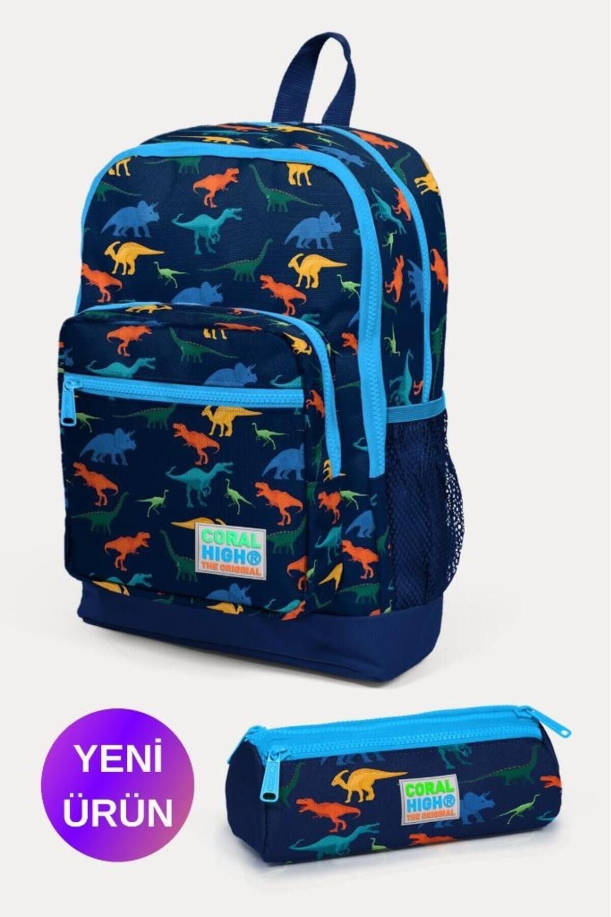 Kids Su Yeşili Neon Pembe Flamingo Desenli 2'li Okul Çanta Seti GOSET0223111 Lacivert Mavi Dinazor