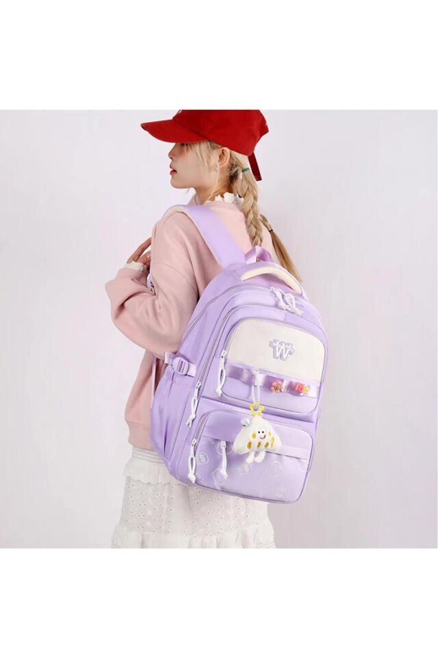 Kore Model Cute Bear Desenli Anahtarlıklı Okul ve Günlük Sırt Çantası