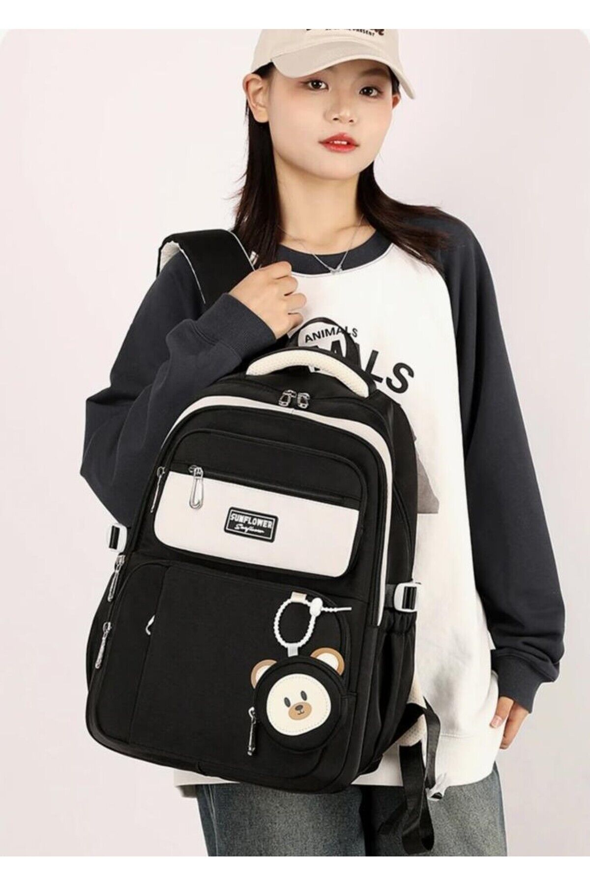 Sevimli Ayıcık Aksesuar Detaylı Çok Gözlü Okul Sırt Çantası