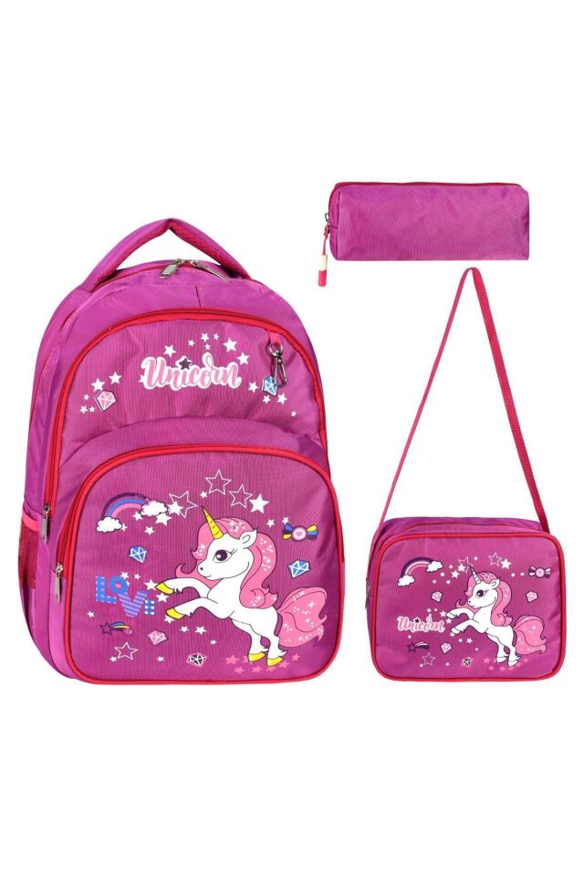 Ortopedik Sırt 3 Bölmeli Kız Okul Çanta Seti (ÇANTA BESLENME KALEMLİK)
