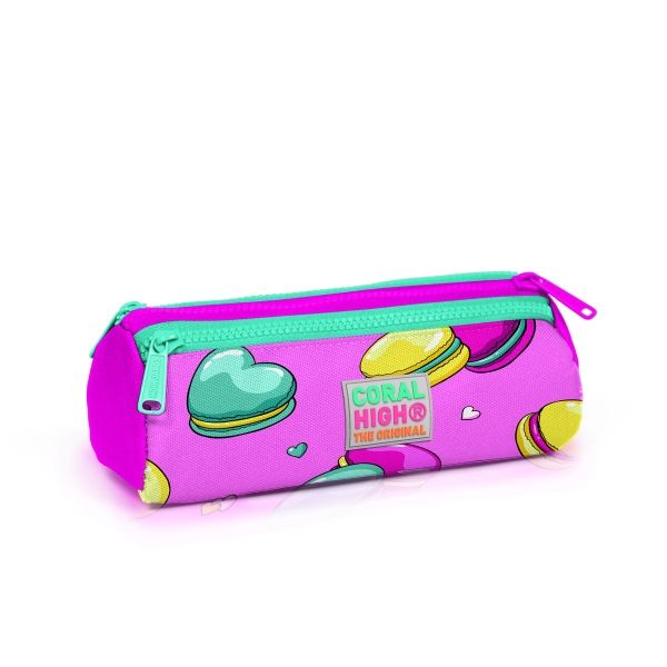 Coral High Kids Açık Pembe Su Yeşili Makaron Desenli Üç Bölmeli Kalem Çantası 22301