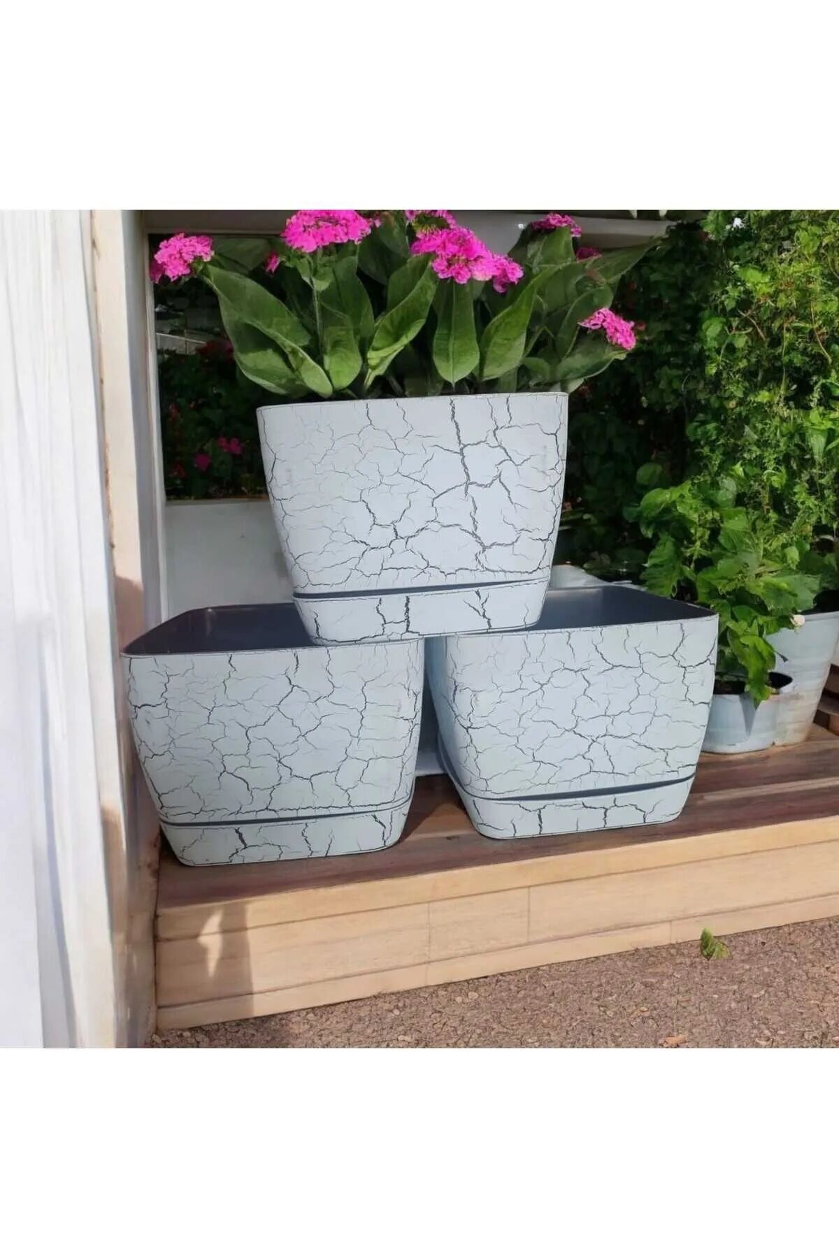 Floris Mermer Görünümlü Saksı Beyaz 18 Cm Tabaklı 3 Lt 3'lü Kare