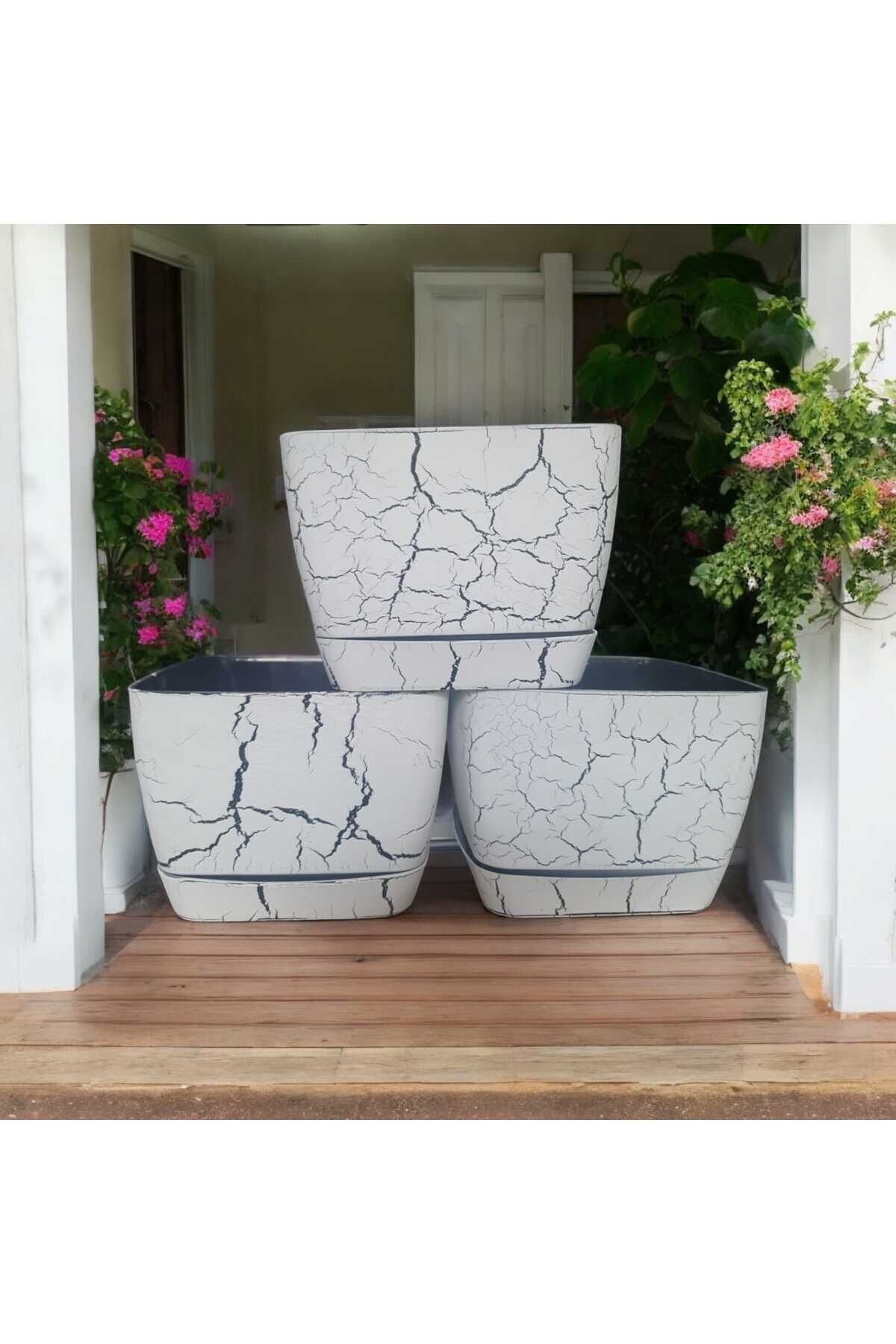 18 cm Mermer Desenli Kare Tabaklı Saksı (3Adet)