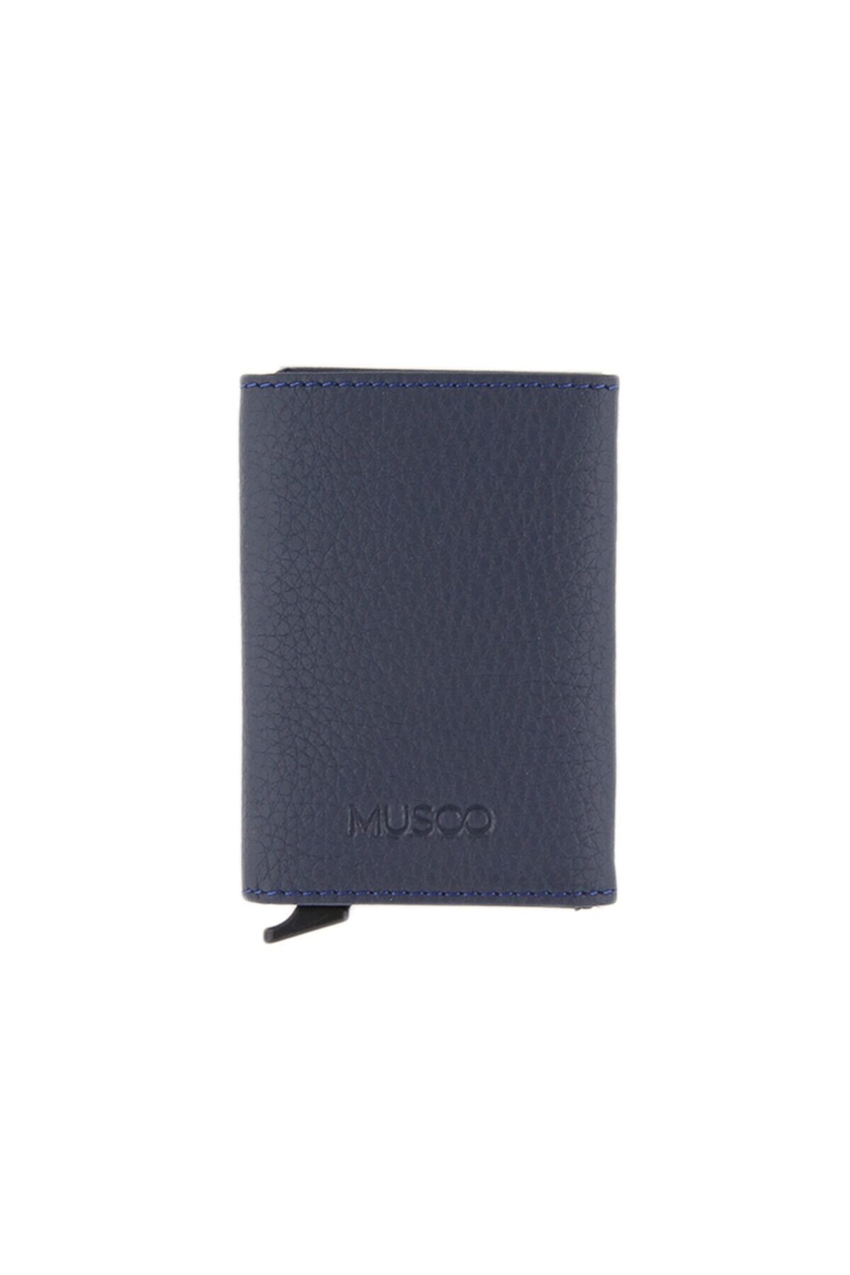 Unisex Lacivert Hakiki Deri Para Gözlü Mekanizmalı Kartlık Cüzdan