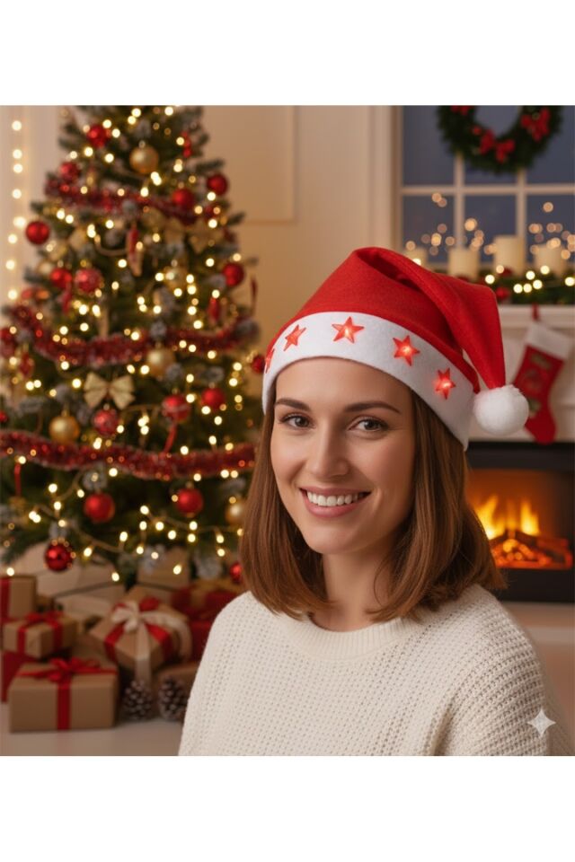 Işıklı Yılbaşı Noel Şapkası – Kırmızı Keçe