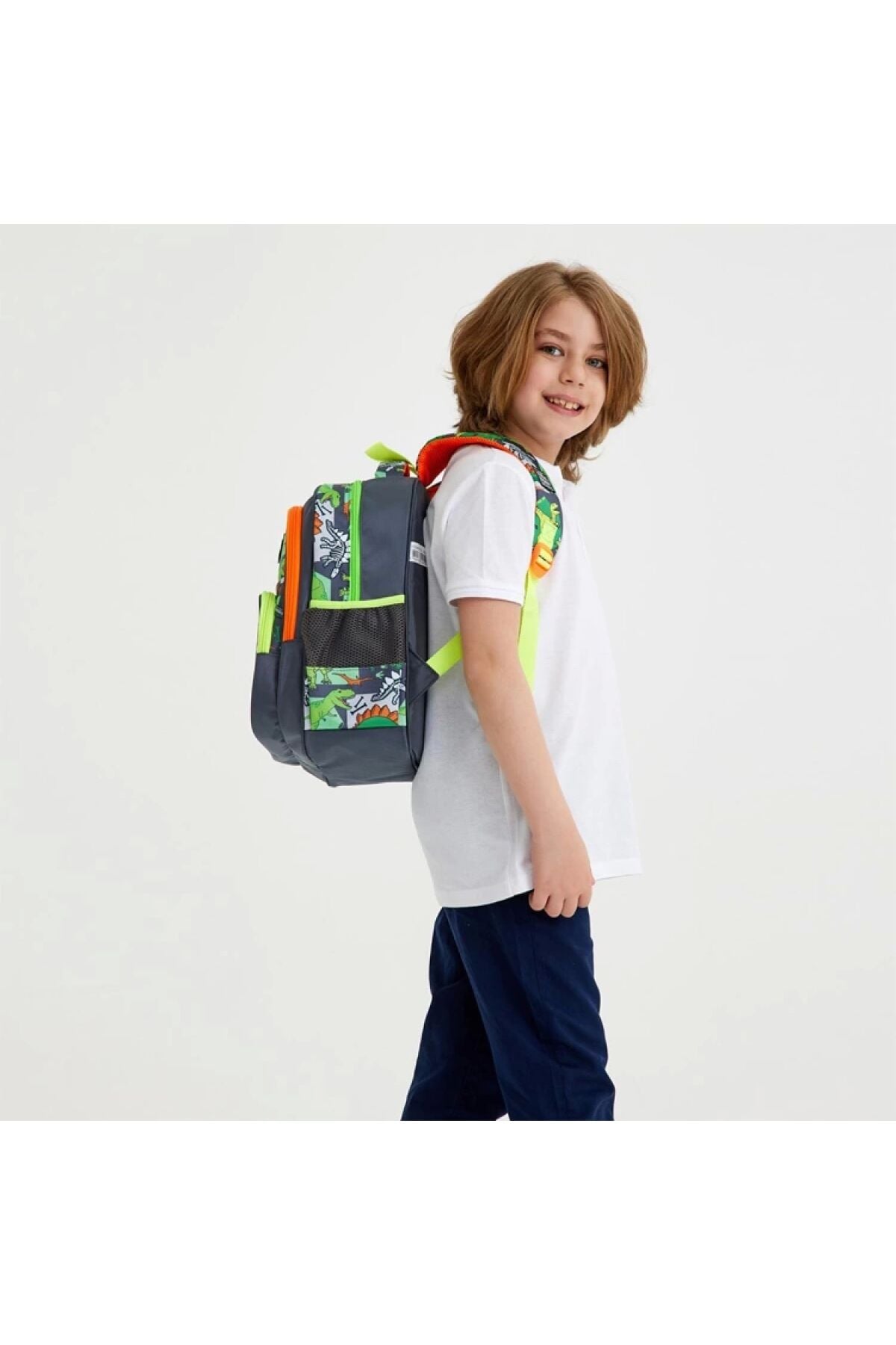 Kids Gri Yeşil Dinozor Desenli Üç Bölmeli Okul Sırt Çantası 14419 Yeşil Gri